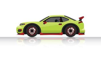 concept vectorillustratie van gedetailleerde kant van een platte groene sportwagen met rijdende man in de auto. met schaduw van auto op weerspiegeld vanaf de grond eronder. en geïsoleerde witte achtergrond. vector