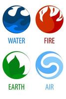 4 elementen natuur, ronde pictogrammen water, aarde, vuur, lucht voor het spel. vectorillustratie instellen ronde frames met tekenen natuur in een vlakke stijl voor design. vector
