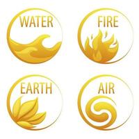 4 elementen natuur, gouden pictogrammen water, aarde, vuur, lucht voor het spel. vectorillustratie instellen ronde frames met tekenen natuur voor design. vector