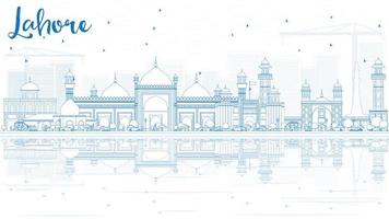 schets de skyline van lahore met blauwe oriëntatiepunten en reflecties. vector