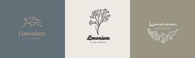 limonium bloemen badges en logo. stempellabels voor tag met geïsoleerde limoniumbloem. met de hand getekend natuurlijk teken voor tagproduct in eenvoudig rustiek ontwerp. vintage logo-branding in sjabloonontwerp vector