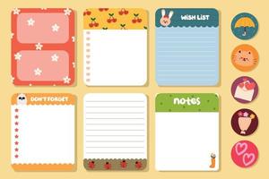 verzameling van wekelijkse en dagelijkse planner-sticker, notities, takenlijst, met letters en schattig pictogram. sjabloon voor agenda, checklist, briefpapier vector