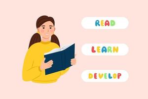 lachend meisje met open boek in handen banner. onderwijs en studie, vectorillustratie in vlakke stijl vector