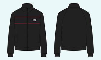 lange mouw met korte rits fleece jas sweatshirt technische mode platte schets vector illustratie zwarte kleur sjabloon voorkant, achterkant uitzicht.
