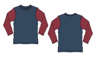 tweekleurige rode en marineblauwe kleur t-shirt met lange mouwen technische mode platte schets vector sjabloon