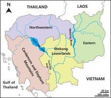kaart van cambodja omvat vier regio's noordwestelijk kardemom en olifantengebergte, mekong laagland en oostelijk. mekong stroomgebied en tonlesapmeer. vector