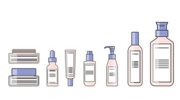 kleur en omtrek bodylotions, serum, zonnebrandcrème, crème verpakking pompfles cosmetisch plat ontwerp vector