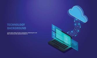 laptop analyse verwerking. cloudservices concept, bestandsback-up en opslaan, kopie van bestandsstructuur isometrische vector, database. vector