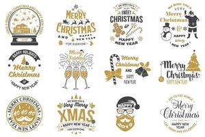 set van prettige kerstdagen en gelukkig nieuwjaar stempel, sticker set met sneeuwvlokken, hangende kerstbal, kerstmuts, snoep. vector