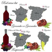 grenache of garnacha en tempranillo. de wijnkaart. een illustratie van een rode wijn met een voorbeeld van aroma's, een wijngaardkaart en gerechten die bij de wijn passen. achtergrond voor menu en wijnproeverij. vector