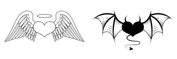 twee harten met engelachtige en demonische vleugels. engelenhart met halo. duivelshart met hoorns en staart. schets voor een tatoeage. vectorillustratie geïsoleerd op een witte achtergrond vector