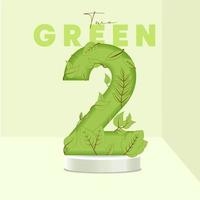 nummer 2 bladeren en takken op de standaard. laat lettertype. 2 symbool met groene plant textuur. eco symbool collectie. vector design stuk en sjabloon illustratie.