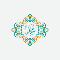 mohammed arabische kalligrafie. mawlid al-nabawi al-shareef wenskaartsjabloon met frame of ornament vector