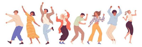 groep jonge gelukkige dansende mensen, dansende karakters. dansfeest, disco. vector