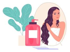 jonge vrouw brengt een cosmetisch product aan op haar haar. vector