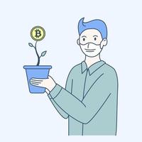 jonge man in masker houdt pot met plant met bitcoin. concept van elektronische valuta, investeringen, alternatief geld, besparingen vector