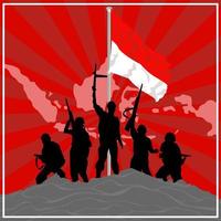 legersilhouet bovenop heuvel achter Indonesische vlag vector