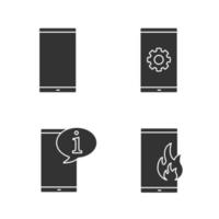 telefoon communicatie glyph pictogrammen instellen. smartphone, instellingen mobiele telefoon, infochat, noodoproep bij brand. silhouet symbolen. vector geïsoleerde illustratie