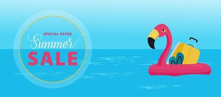 zomer sale banner met de flamingo opblaasbare ring en de zee. vector illustratie