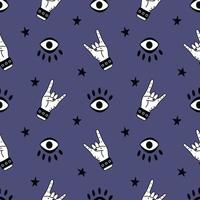 naadloos patroon met gebaar hand en oog doodle rockmuziek achtergrond vector