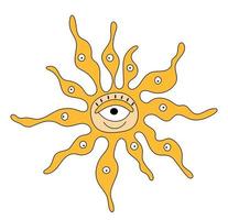 hippie lachende zon met ogen retro doodle psychedelische zonneschijn ontwerpelement vector