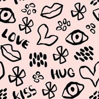 naadloos patroon met handgetekende woorden liefde kus knuffel doodle elementen ogen harten bloemen lippen abstracte stippen trendy grafische achtergrond voor textiel stof ontwerp covers inpakpapier vector