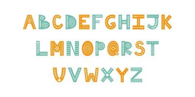 kleurrijke Scandinavische sierlijke alfabet met bloemen en lijnen. volkslettertype met Engelse letters. Latijns alfabet in Scandinavische stijl. vector
