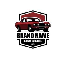 muscle car logo-vector auto geïsoleerd op blauw ziet er elegant uit vanaf een stijlvolle voorkant en geweldig voor banners, sjablonen, emblemen, badges, kleding vector