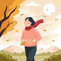 vrouw geniet van wind en vallende bladeren in de herfst vector