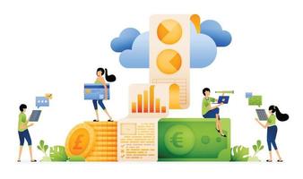 ontwerp van financiële rapporten die in de cloud zijn geüpload om het voor medewerkers van het bedrijf gemakkelijker te maken om overal toegang te krijgen. illustratie voor bestemmingspagina's websites posters banners mobiele apps web sociale media advertenties enz vector