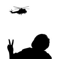 silhouet van de kleine jongen geeft vredesvingerteken aan aanvalshelikopter. vector illustratie