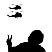 silhouet van de kleine jongen geeft vredesvingerteken aan aanvalshelikopter. vector illustratie