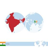 india op wereldbol met vlag en regionale kaart van india. vector