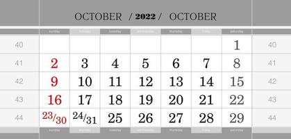oktober 2022 kwartaal kalenderblok. wandkalender in het Engels, week begint vanaf zondag. vector
