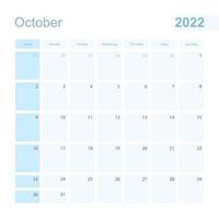 2022 oktober wandplanner in blauwe kleur, week begint op zondag. vector
