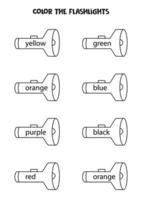 lees namen van kleuren en kleur zaklampen. educatief werkblad. vector