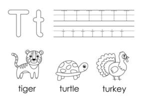 Engels alfabet leren voor kinderen. letter t. kleurboek. vector