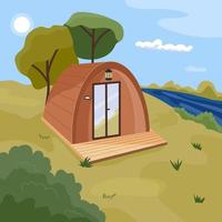 camping houten tent pod op grasveld aan de rivier. luxe comfortabele glamping in de natuur. zomer openluchtrecreatie, vakantie concept. platte vectorillustratie vector