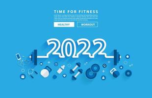 gelukkig nieuwjaar 2022 fitness concept workout typografie alfabet ontwerp met apparatuur. vector illustratie platte moderne lay-out sjabloon
