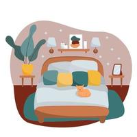 moderne slaapkamer met meubels, bed, plant en slapende kleine kat. platte vectorillustratie. gezellig interieur. cartoon stijl vector