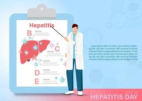 arts in stripfiguur met gigantische informatie over het klembord van hepatitis en voorbeeldteksten op abstract patroon en blauwe achtergrond. postercampagne van wereldhepatitisdag in vlakke stijl vector