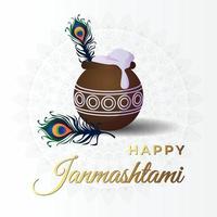 gelukkige janmashtami met dahi handi en pauwenveerillustratie vector