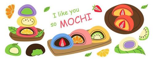 traditioneel japans daifuku mochi-dessert met aardbeien, chocolade, sinaasappel, kiwi, citroenaroma's. Aziatisch zoet eten. rijst fruit dessert op houten platen, bladeren. met de hand getekende vlakke afbeelding vector