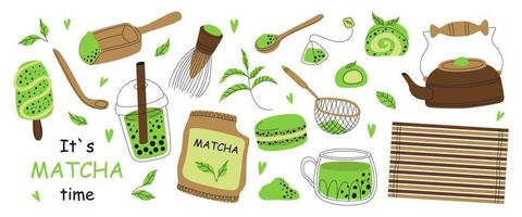 set van verschillende matcha-theeceremonieproducten. japanse traditionele matcha latte poeder groene thee, garde, mochi, macarons, bamboelepel, theeblaadjes, bubbelthee. gezonde biologische groene theecultuur. vector