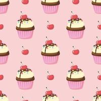 naadloos patroon van chocolade cupcake met kersen, soufflé en gekleurde suikerballen in cupcakepapier op roze. met de hand getekend schattig roomgebakjes. muffin dessert zoet, voedsel. bakkerij winkel, koken, theekransje vector