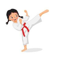 schattig klein karate-meisje met rode riem die schoppende aanvalstechnieken laat zien in vechtsporttrainingen vector