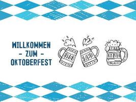 oktoberfest 2022 - bierfestival. handgetekende set doodle elementen. Duitse traditionele vakantie. omtrek van houten bierpullen met belettering en blauwe ruiten op een witte achtergrond. vector