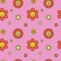 vector retro bloemmotief. naadloze patterin met bloemen op roze achtergrond. groovy patroon voor kinderen. schattig.