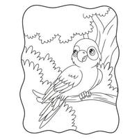 cartoon afbeelding de papegaai is neergestreken op een lange en grote boomstam in het midden van het bos en terugkijkend boek of pagina voor kinderen zwart-wit vector