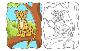cartoonillustratie de luipaard zit trots op een grote en hoge boomstam om zijn prooi van bovenaf te bekijken boek of pagina voor kinderen vector